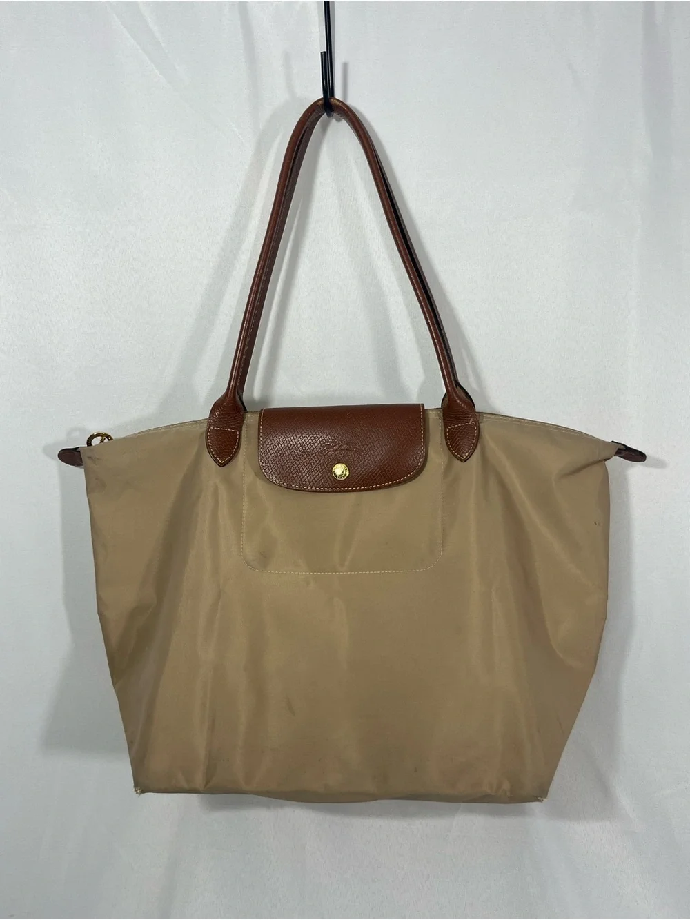 Longchamp Large Tote - Tan Nylon, Brown Leather - Packable - Fair Condition